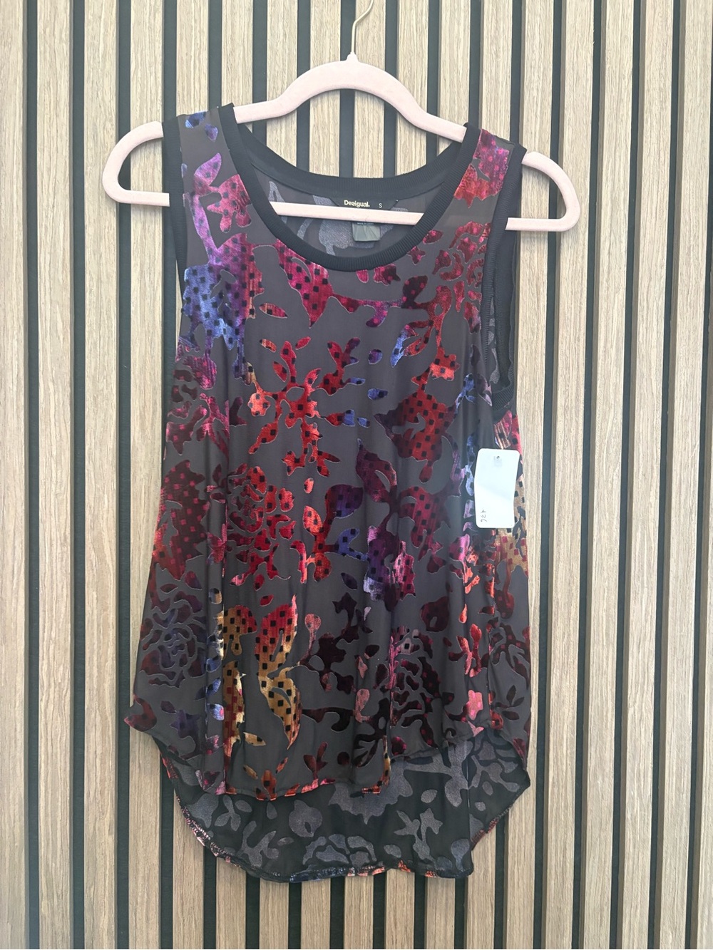 Desigual Black Floral Velvet Burnout Sleeveless Tank with Multicolor Accents
